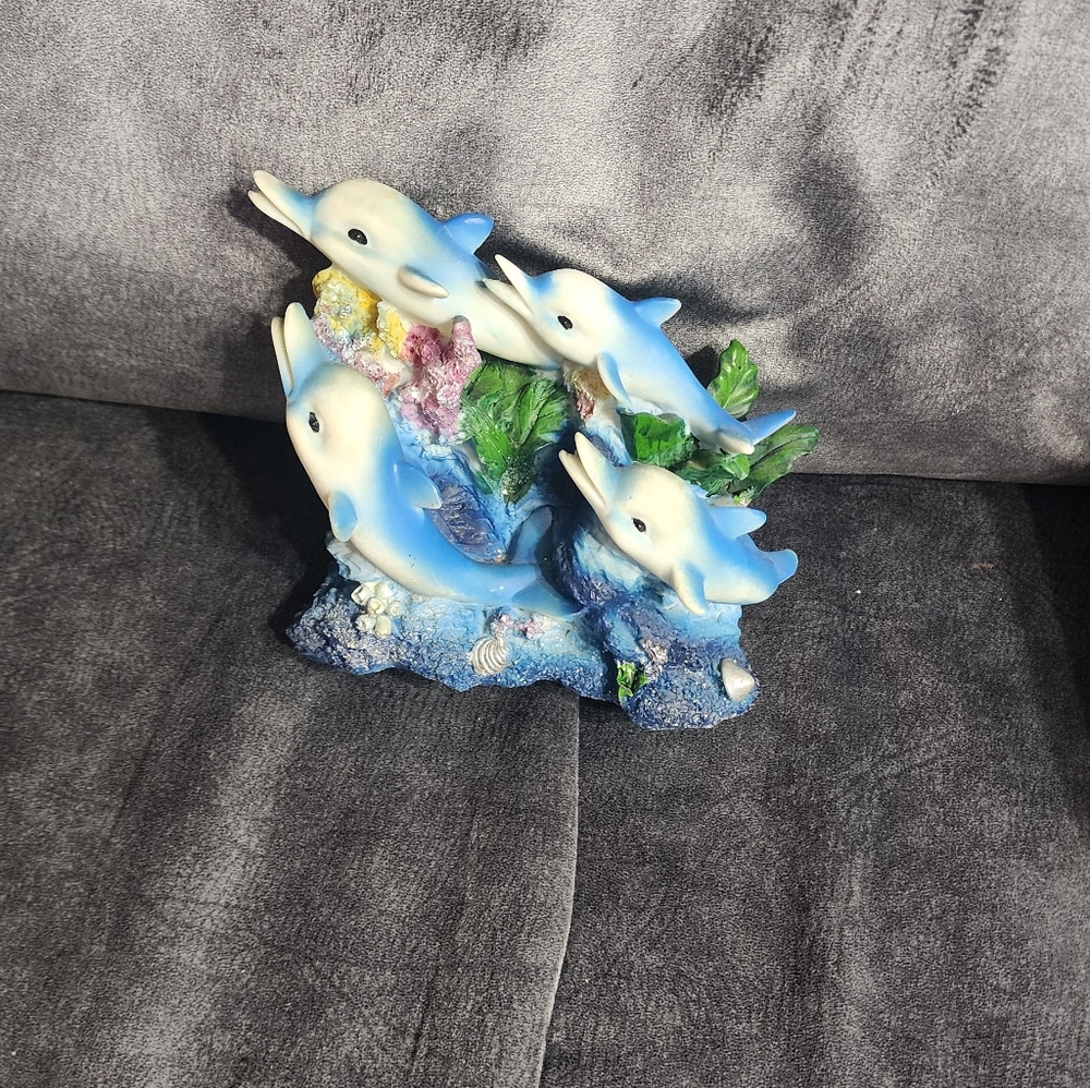 Dolphin Figurine with Blue Waves and Green Fins